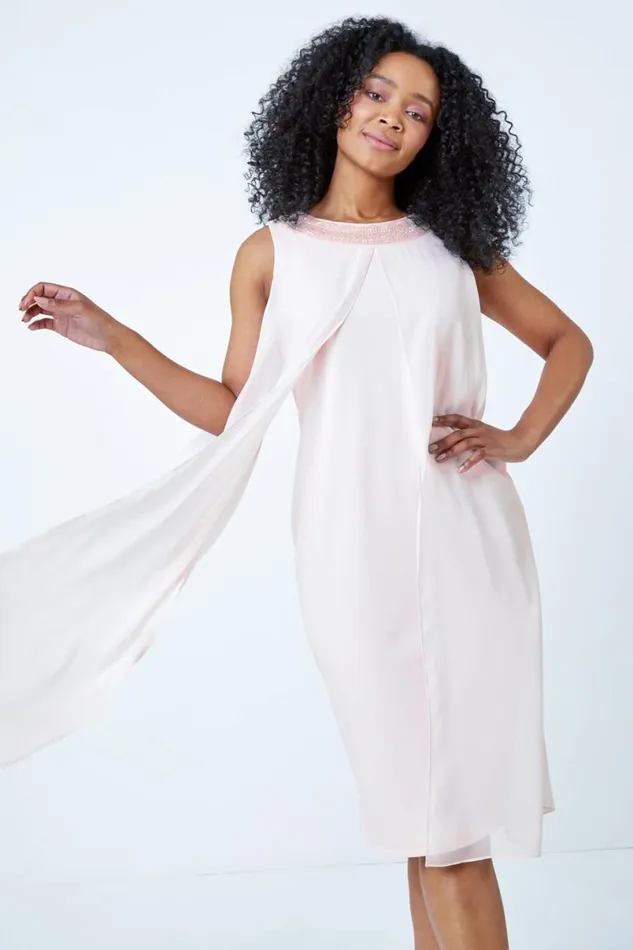 Light Pink Petite Embellished Chiffon Dress Women Roman Dresses