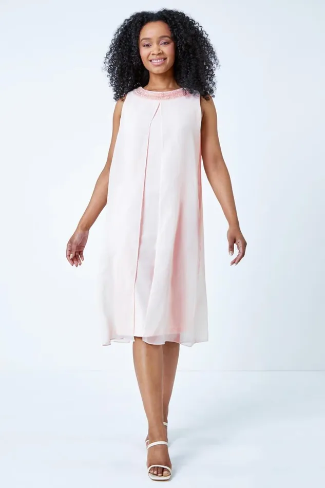 Light Pink Petite Embellished Chiffon Dress Women Roman Dresses