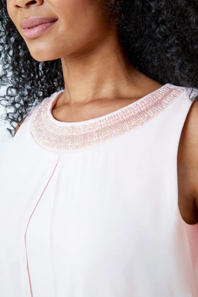 Light Pink Petite Embellished Chiffon Dress Women Roman Dresses