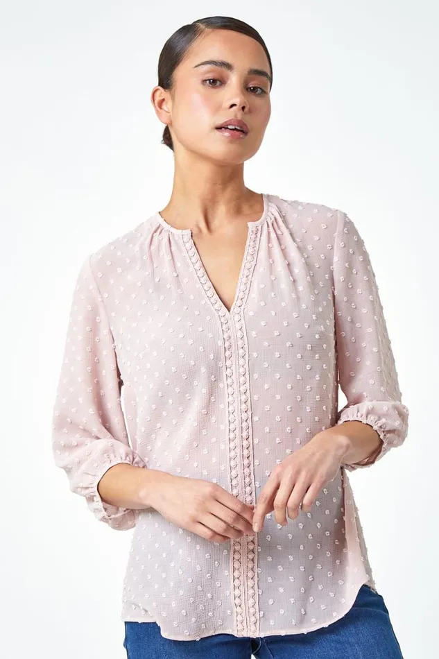 Light Pink Petite Textured Spot Print VNeck Top Women Roman Tops