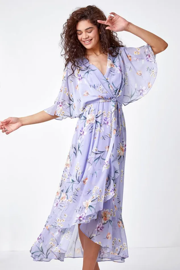 Lilac Chiffon Wrap Maxi Dress Women Roman Dresses