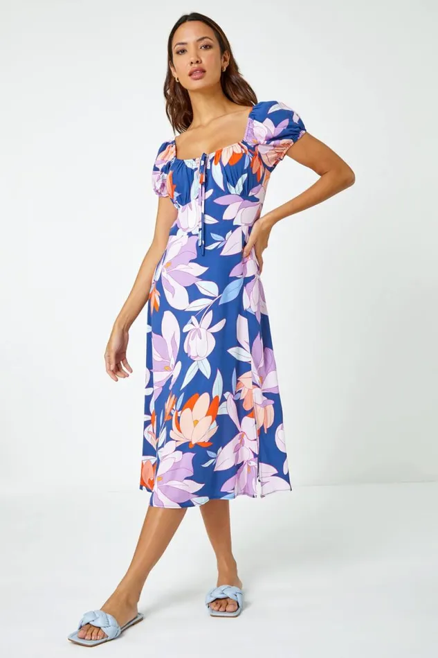 Lilac Floral Print Tie Detail Midi Dress Women Roman Dresses