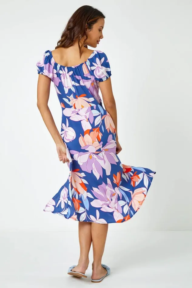 Lilac Floral Print Tie Detail Midi Dress Women Roman Dresses