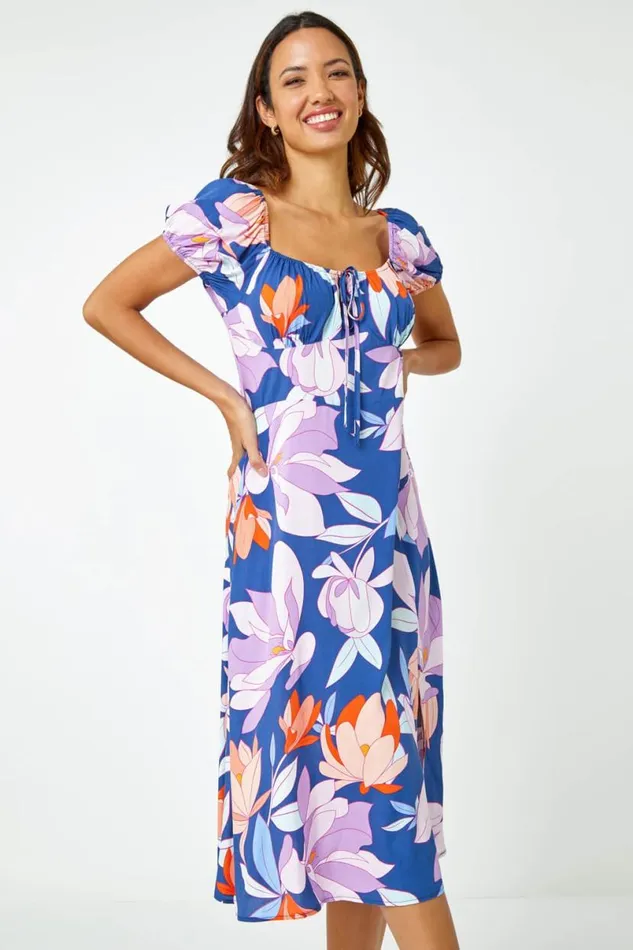 Lilac Floral Print Tie Detail Midi Dress Women Roman Dresses