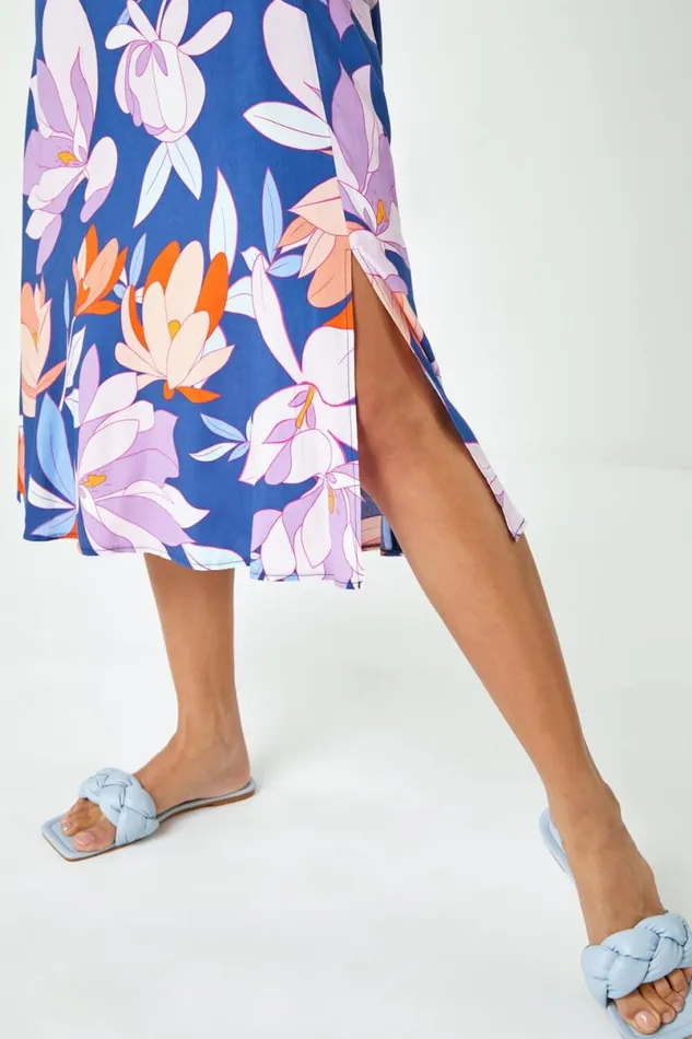 Lilac Floral Print Tie Detail Midi Dress Women Roman Dresses