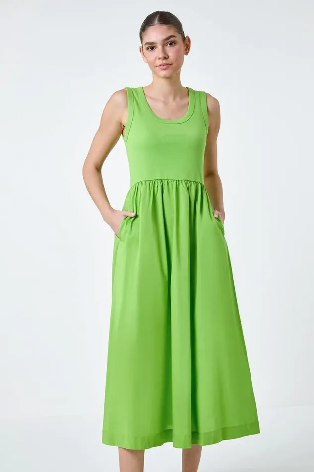 Lime Cotton Stretch Jersey Mix Midi Dress Women Roman Dresses