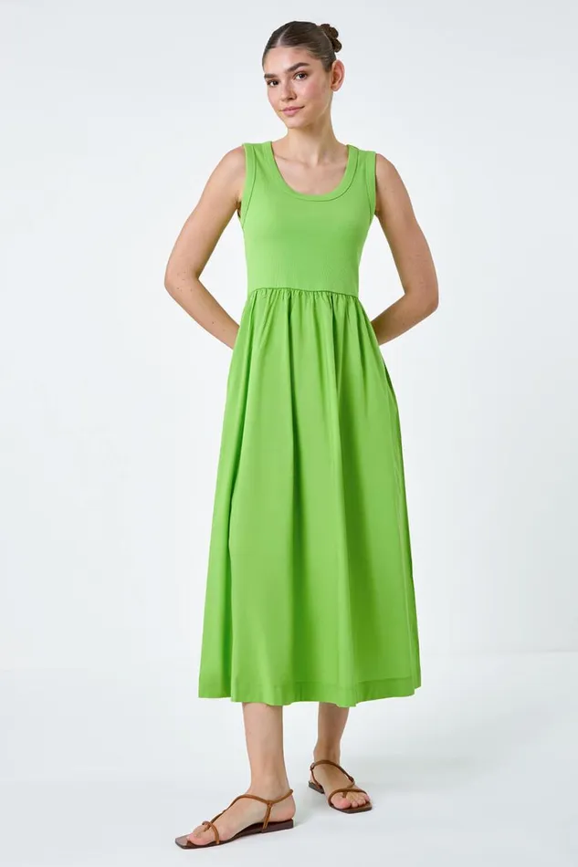 Lime Cotton Stretch Jersey Mix Midi Dress Women Roman Dresses