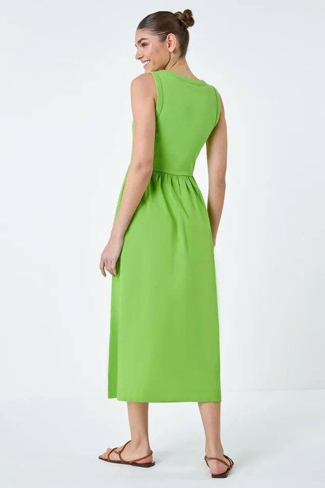 Lime Cotton Stretch Jersey Mix Midi Dress Women Roman Dresses
