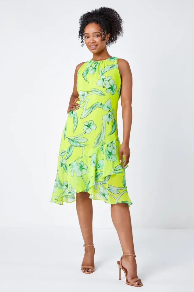 Lime Petite Floral Frill Hem Dress Women Roman Dresses