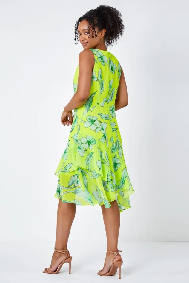 Lime Petite Floral Frill Hem Dress Women Roman Dresses