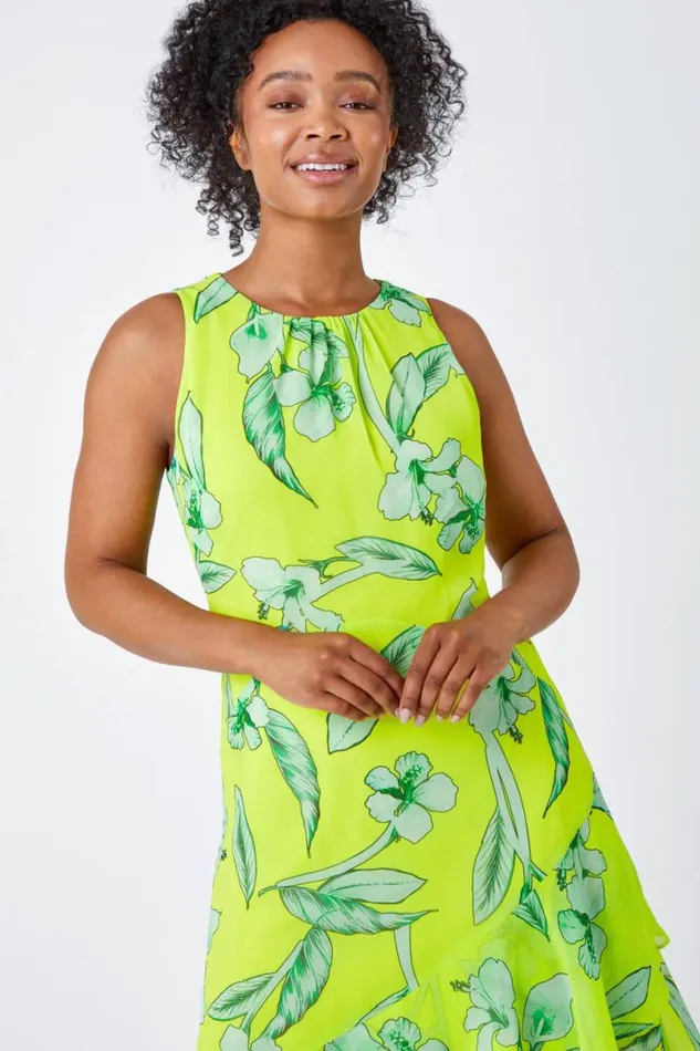 Lime Petite Floral Frill Hem Dress Women Roman Dresses