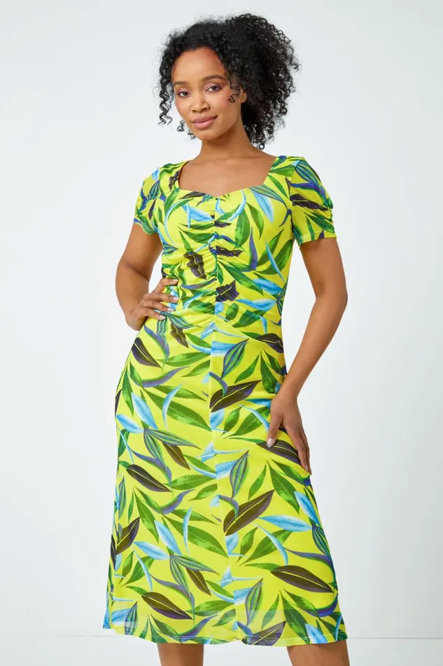 Lime Petite Ruched Tropical Print Midi Dress Women Roman Dresses