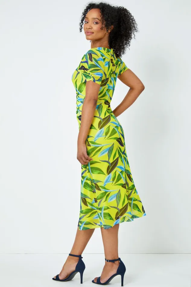 Lime Petite Ruched Tropical Print Midi Dress Women Roman Dresses