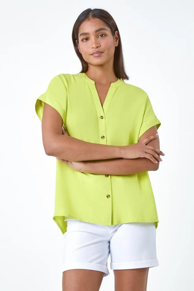 Lime Plain Button Through Relaxed VNeck Shirt Women Roman Tops