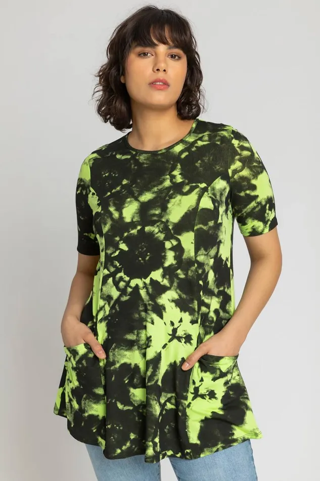 Lime Tie Dye Pocket Swing Top Women Roman Tops