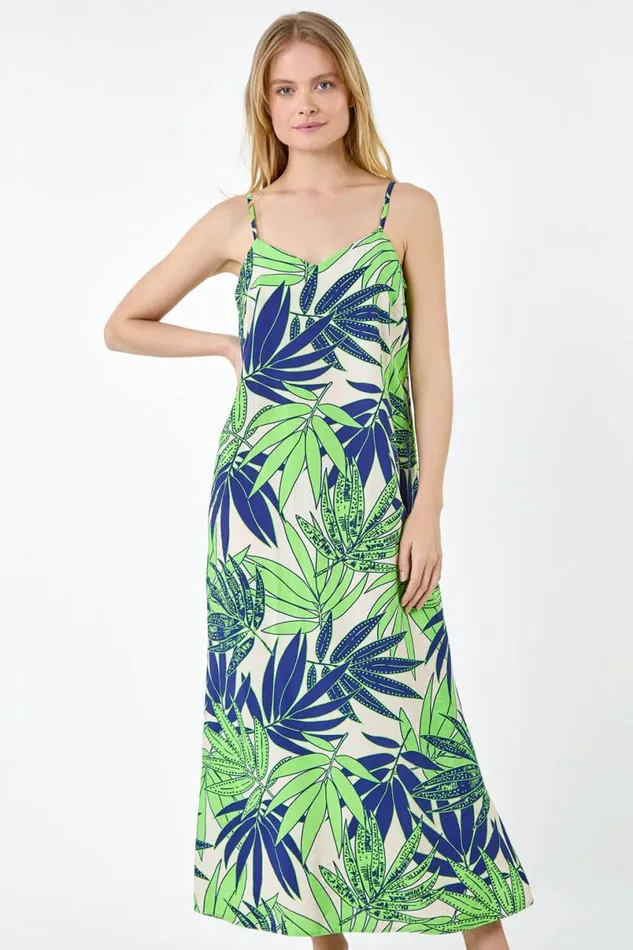 Lime Tropical Palm Print Midi Dress Women Roman Dresses