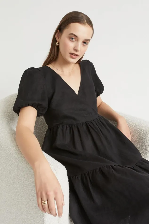 Linen Woman Seed Heritage Core Linen Cross Front Midi Dress Black
