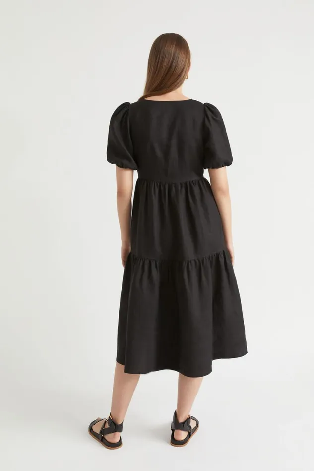 Linen Woman Seed Heritage Core Linen Cross Front Midi Dress Black