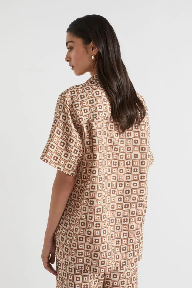 Linen Woman Seed Heritage Floral Geo Shirt Auburn Brown Retro Linen Woman Seed Heritage Floral Geo Shirt Auburn Brown Retro