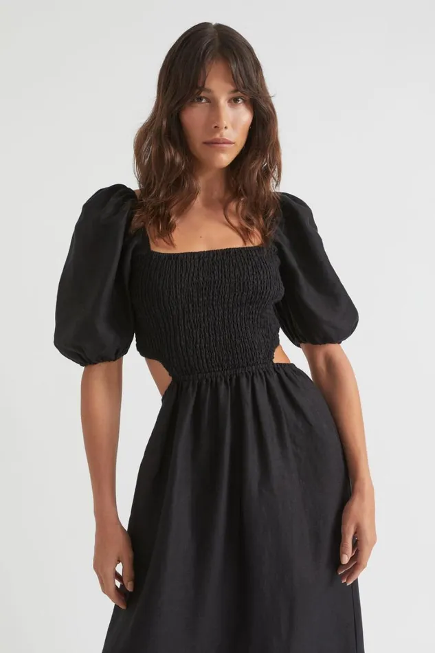 Linen Woman Seed Heritage Linen Cut Out Shirred Midi Dress Black