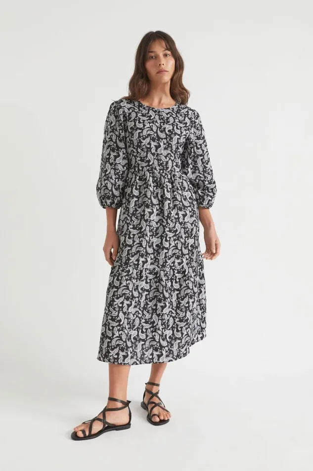 Linen Woman Seed Heritage Linen Paisley Midi Dress Ditsy Paisley