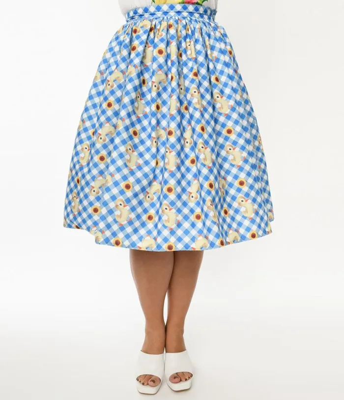 Little Golden Books X Blue and White Gingham Fuzzy Duckling Gellar Swing Skirt Clothing Unique Vintage Skirts