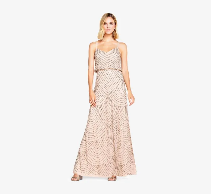 Long Dresses Womens Adrianna Papell Art Deco Beaded Blouson Gown In Taupe Pink