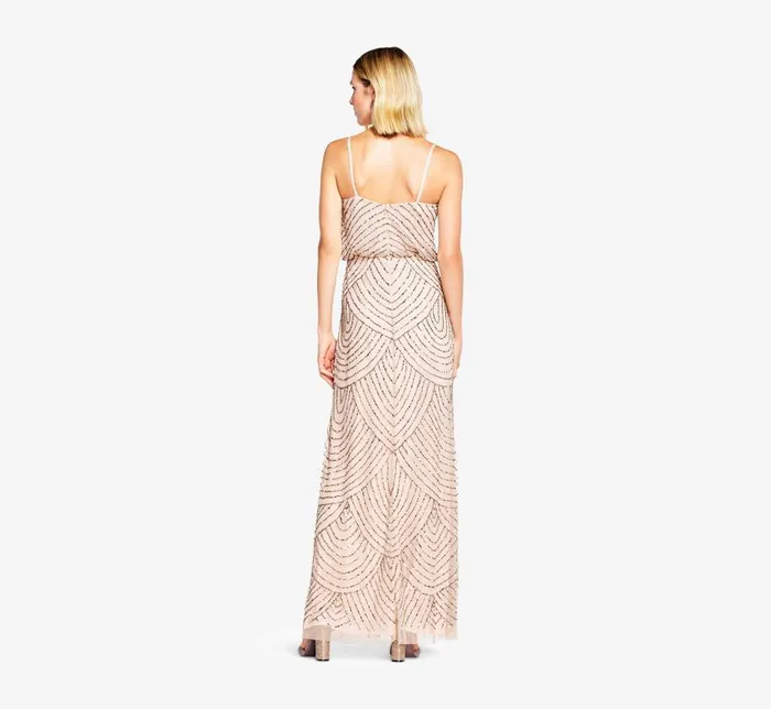 Long Dresses Womens Adrianna Papell Art Deco Beaded Blouson Gown In Taupe Pink