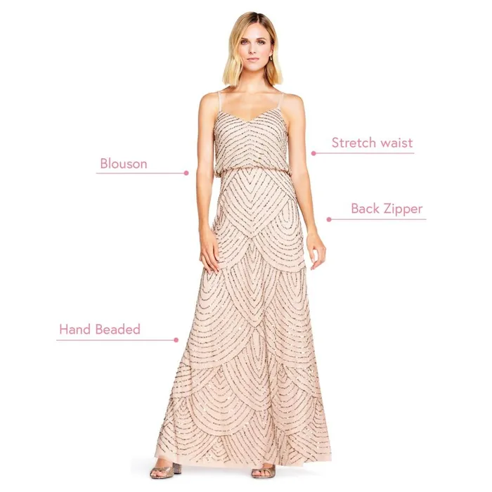 Long Dresses Womens Adrianna Papell Art Deco Beaded Blouson Gown In Taupe Pink