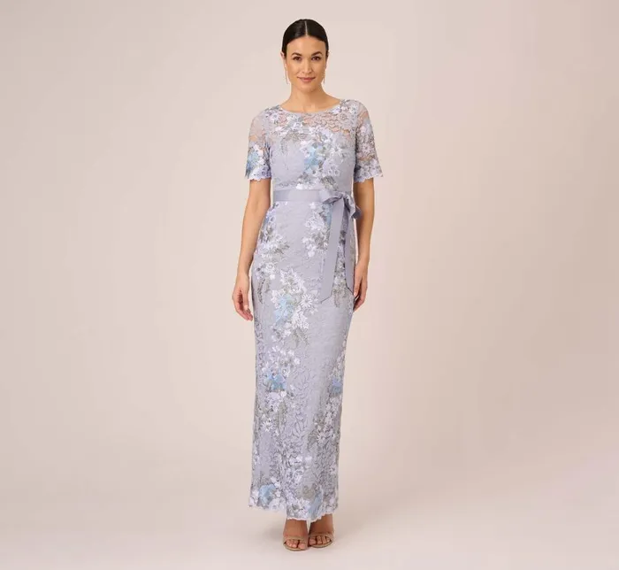 Long Dresses Womens Adrianna Papell Floral Embroidered Gown In Blue Breeze