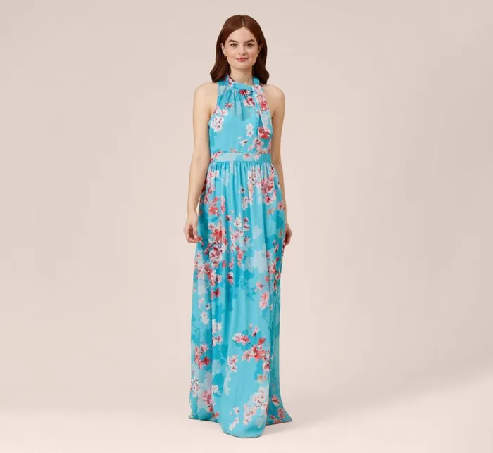Long Dresses Womens Adrianna Papell FloralPrint Chiffon Tie Neck Halter Long FitAndFlare Gown In Aqua Multi