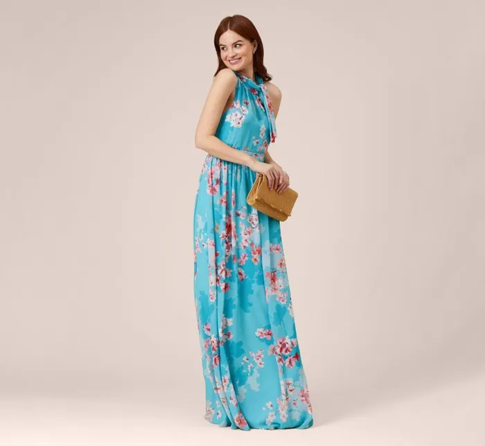 Long Dresses Womens Adrianna Papell FloralPrint Chiffon Tie Neck Halter Long FitAndFlare Gown In Aqua Multi
