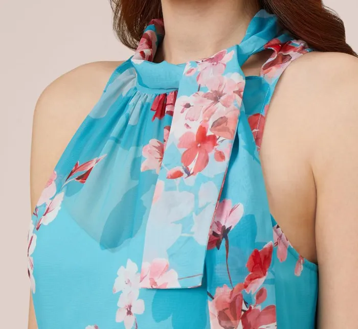 Long Dresses Womens Adrianna Papell FloralPrint Chiffon Tie Neck Halter Long FitAndFlare Gown In Aqua Multi