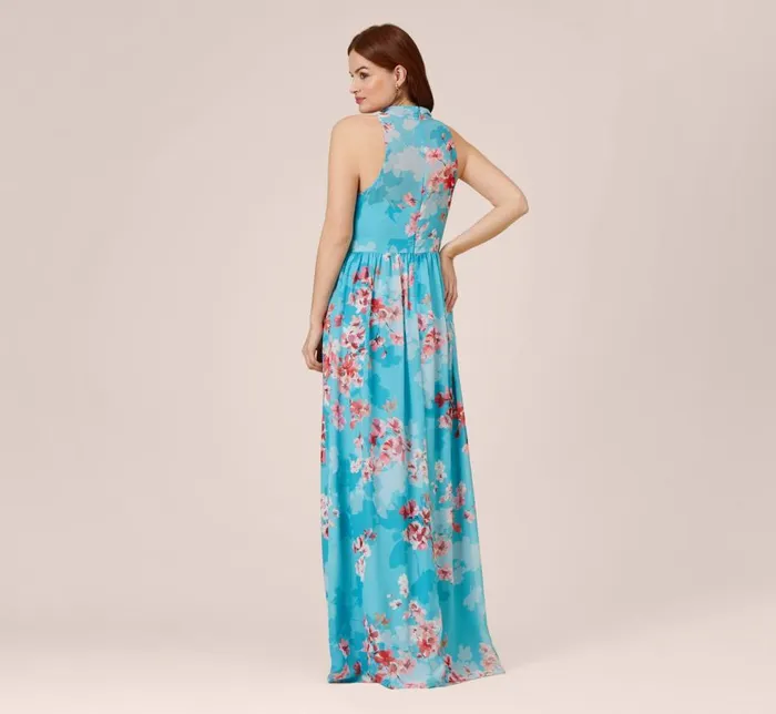 Long Dresses Womens Adrianna Papell FloralPrint Chiffon Tie Neck Halter Long FitAndFlare Gown In Aqua Multi