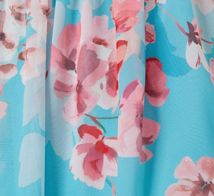 Long Dresses Womens Adrianna Papell FloralPrint Chiffon Tie Neck Halter Long FitAndFlare Gown In Aqua Multi