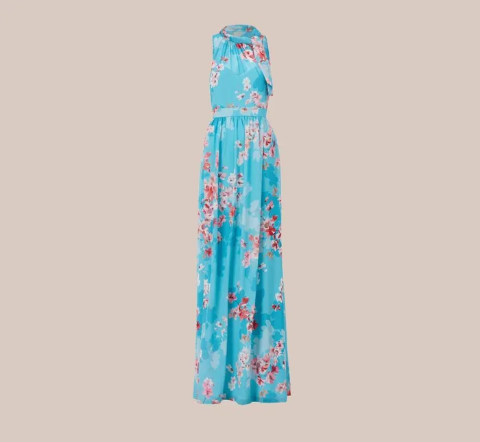 Long Dresses Womens Adrianna Papell FloralPrint Chiffon Tie Neck Halter Long FitAndFlare Gown In Aqua Multi