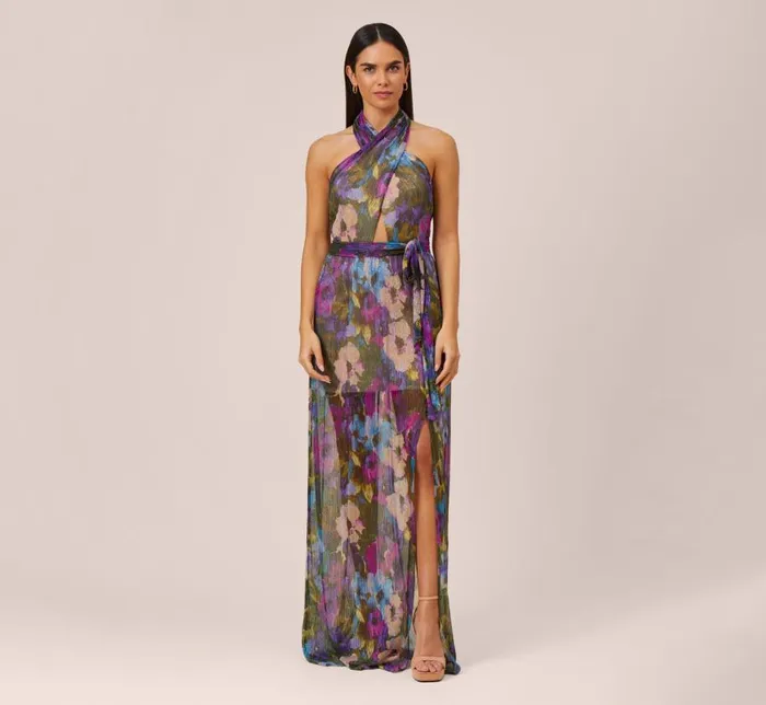 Long Dresses Womens Adrianna Papell FloralPrint Metallic Crinkled Mesh Long Halter Tiered Dress In Magenta