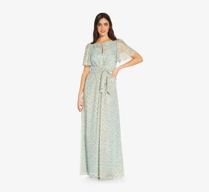 Long Dresses Womens Adrianna Papell FloralPrint TieFront FitAndFlare Chiffon Long Gown In Skyway