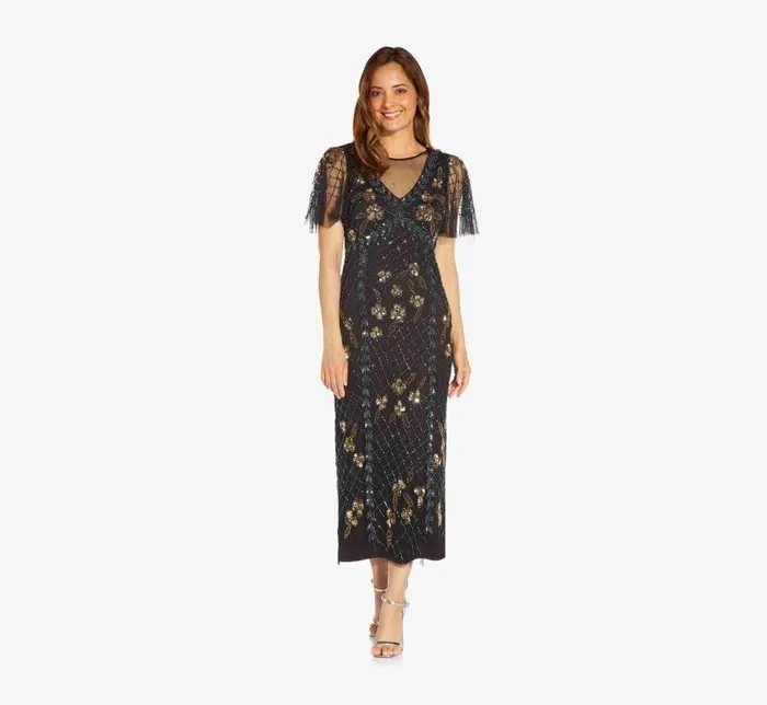 Long Dresses Womens Adrianna Papell Flutter Sleeve AnkleLength Column Gown In Black Gold