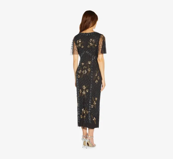 Long Dresses Womens Adrianna Papell Flutter Sleeve AnkleLength Column Gown In Black Gold