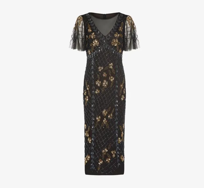 Long Dresses Womens Adrianna Papell Flutter Sleeve AnkleLength Column Gown In Black Gold