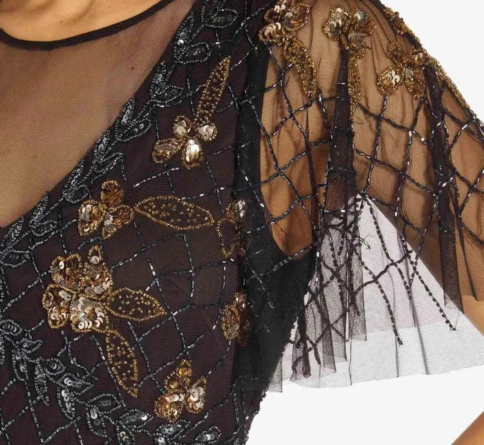 Long Dresses Womens Adrianna Papell Flutter Sleeve AnkleLength Column Gown In Black Gold