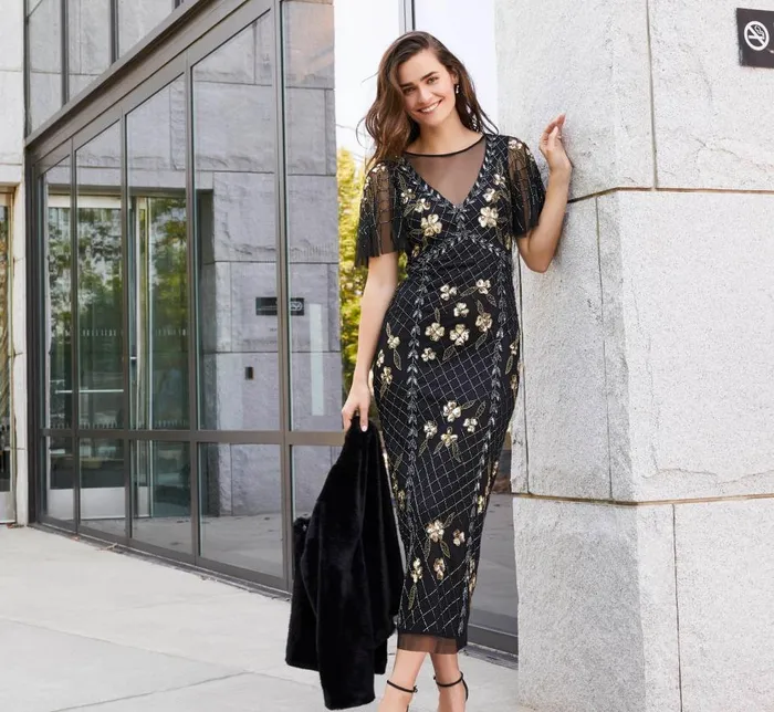 Long Dresses Womens Adrianna Papell Flutter Sleeve AnkleLength Column Gown In Black Gold