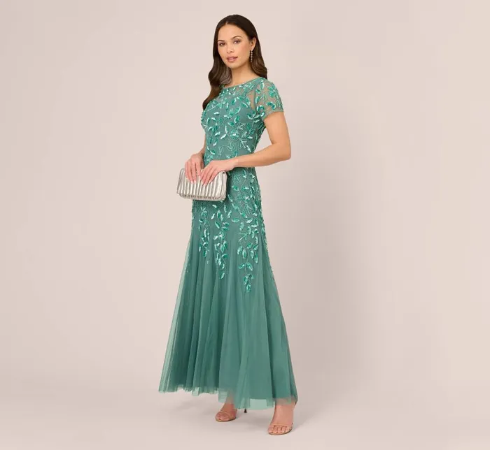 Long Dresses Womens Adrianna Papell Hand Beaded Short Sleeve Floral Godet Gown In Green Slate