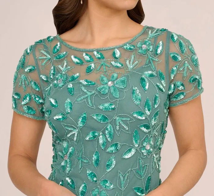 Long Dresses Womens Adrianna Papell Hand Beaded Short Sleeve Floral Godet Gown In Green Slate
