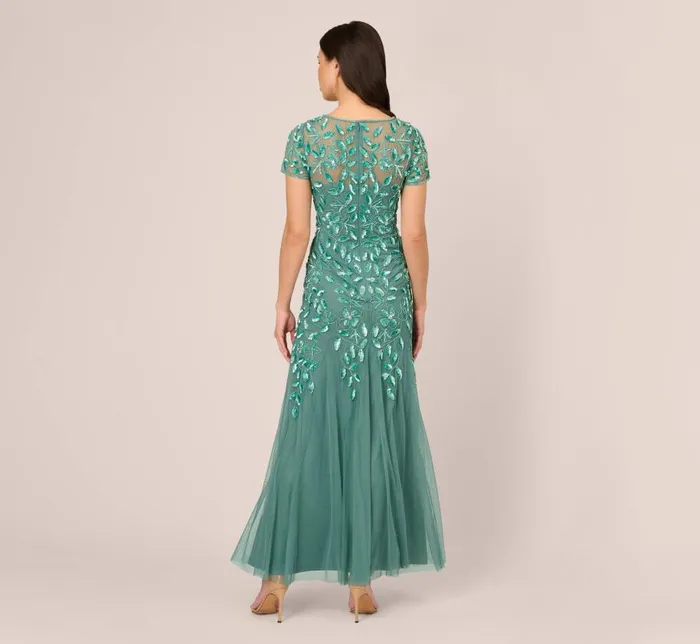 Long Dresses Womens Adrianna Papell Hand Beaded Short Sleeve Floral Godet Gown In Green Slate