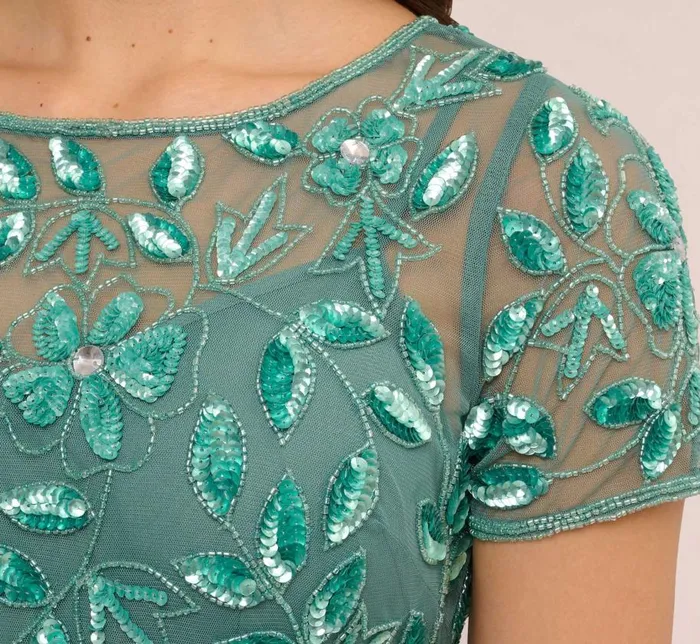 Long Dresses Womens Adrianna Papell Hand Beaded Short Sleeve Floral Godet Gown In Green Slate