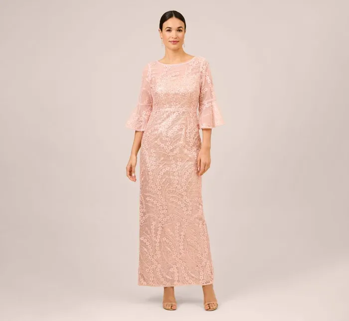 Long Dresses Womens Adrianna Papell HandSequined And Embroidered Illusion Long Column Gown In Blush Pearl