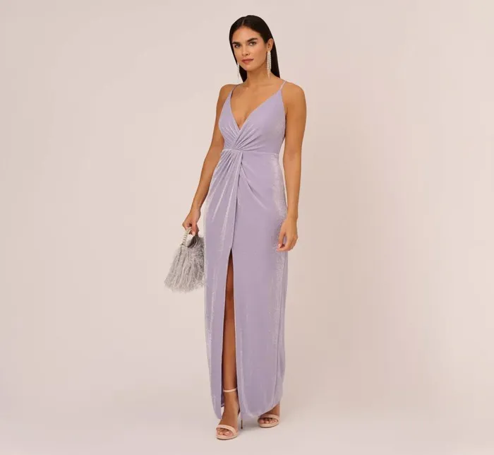 Long Dresses Womens Adrianna Papell Lurex Knit Column Gown With Gathered Details In Lilac