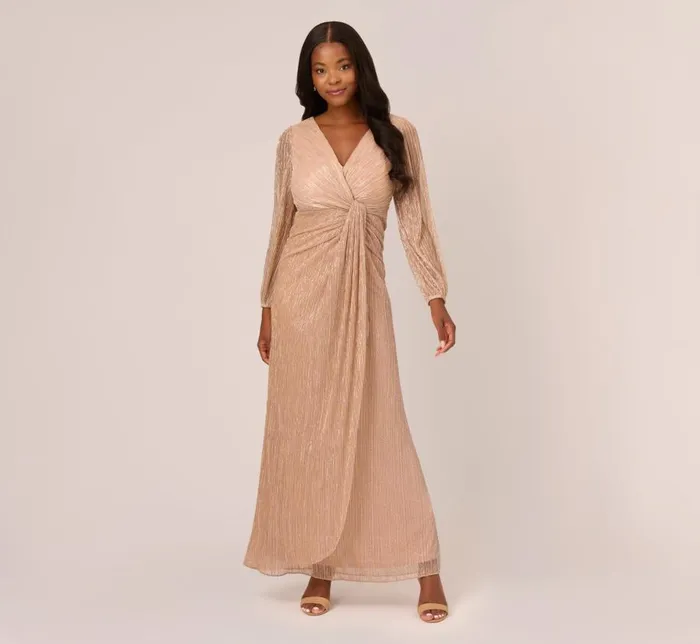 Long Dresses Womens Adrianna Papell Metallic Crinkled Mesh Draped Long Gown In Light Gold